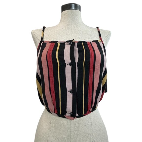 VOLCOM Danger Inside Cami Tank Top Sz L Multicolor Stripe Cropped Button Up Cami - Picture 3 of 8